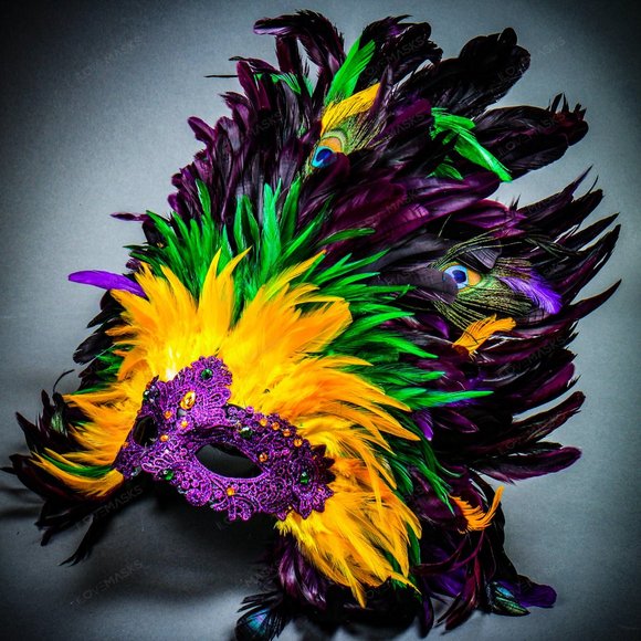 Women Mardi Gras Carnival Masquerade Large Top Feather Party Eye Mask - Picture 3 of 7